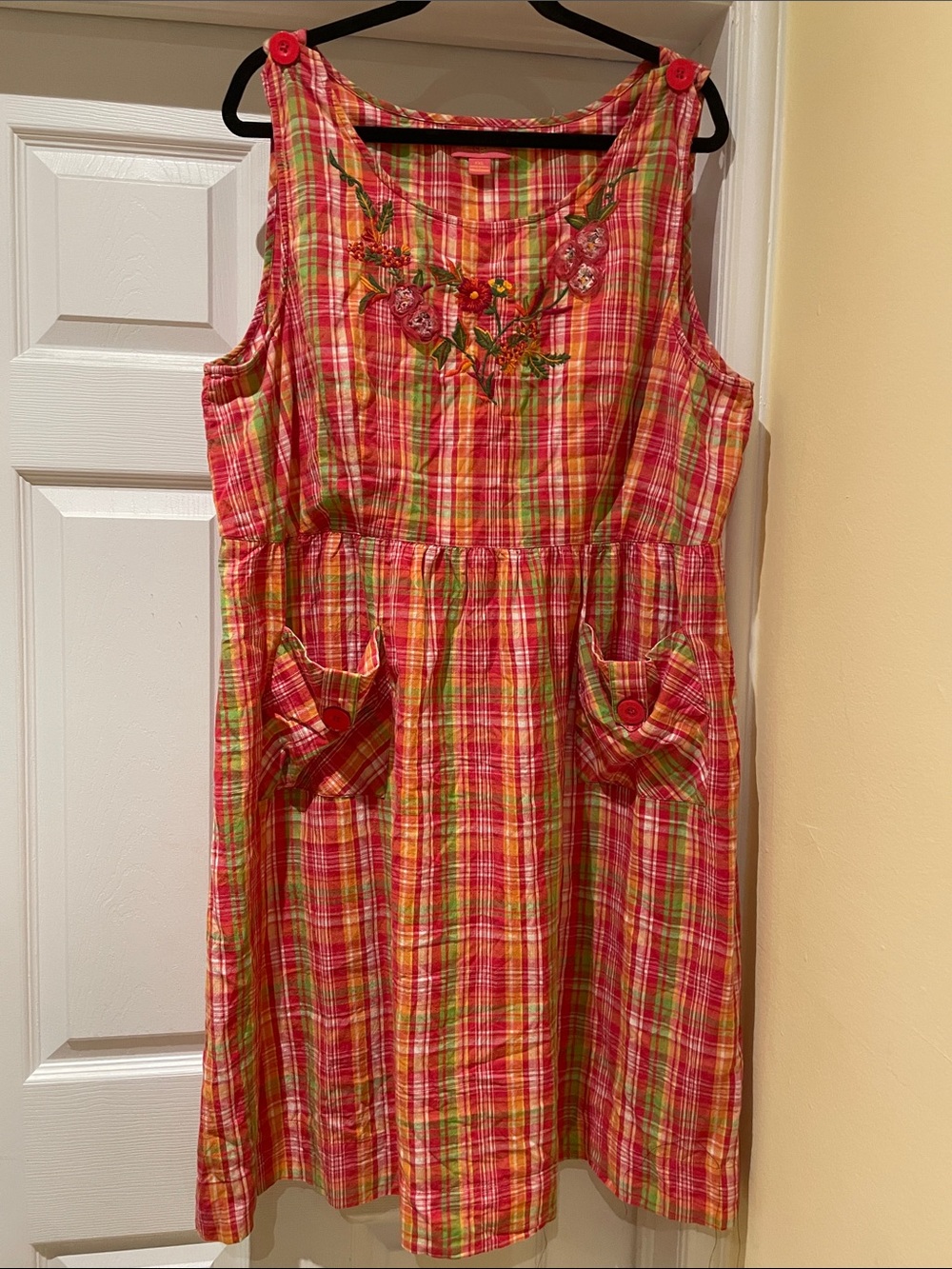 April Cornell XXL Cotton Prairie Dress Plaid Embroidered Pockets Cottagecore